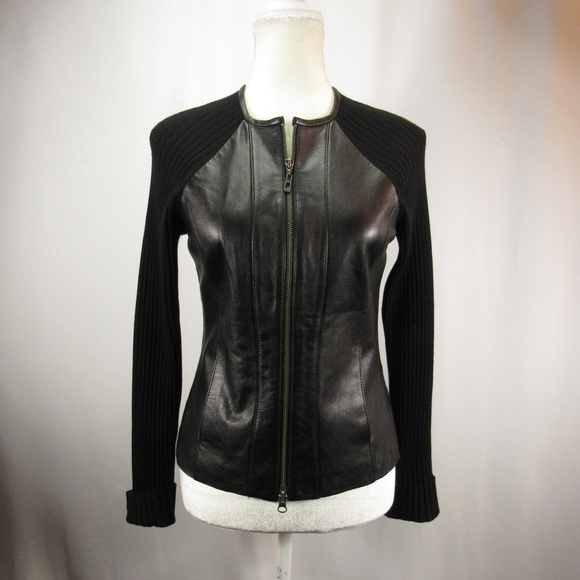 Classiques Entier Sweaters - Classiques Entier Black Leather Wool Sweater Jackt